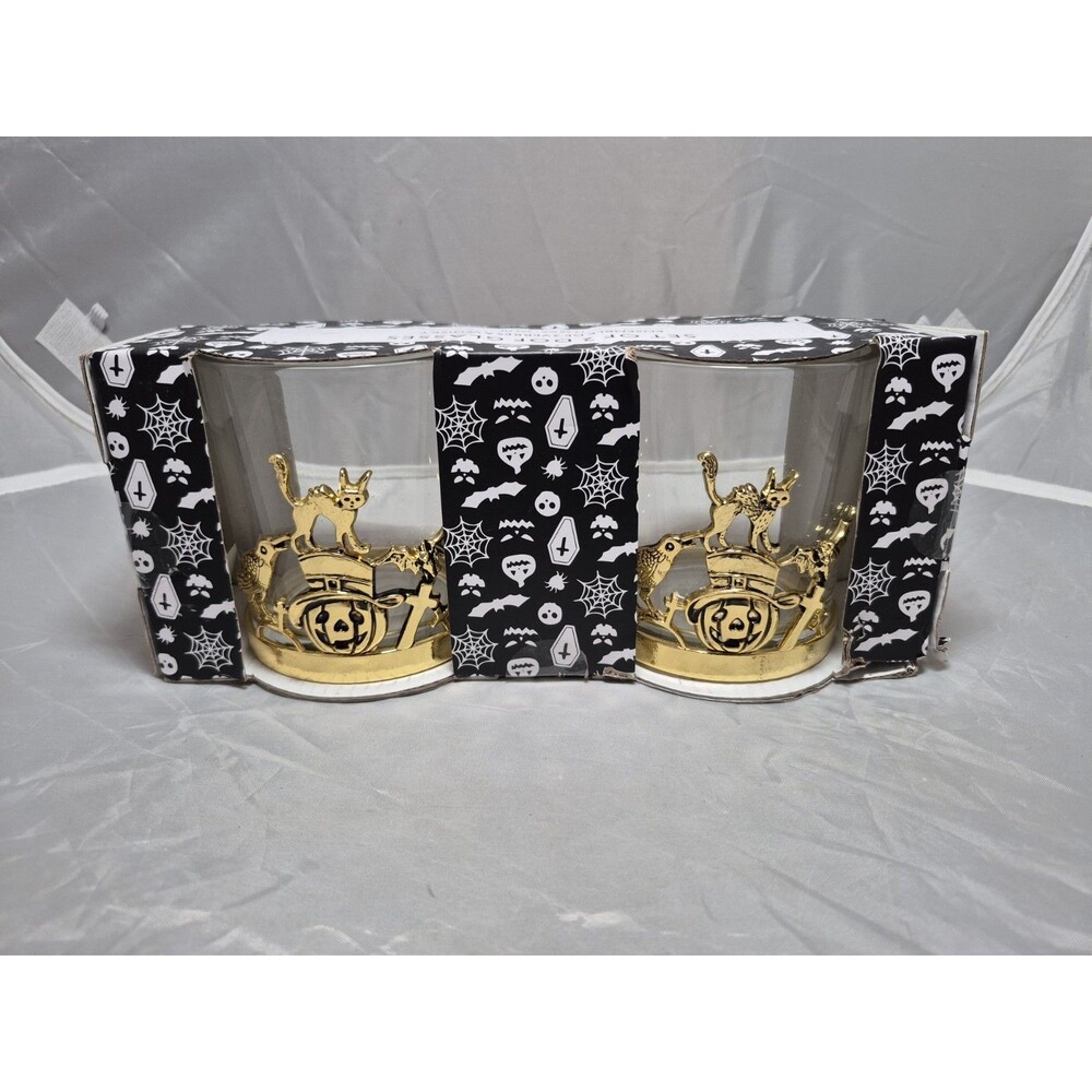 Gold Tone Decorative Halloween Base Double Old Fashioned Glasses Set of 2
